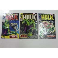 INCREDIBLE HULK #104, 105 & 106 (1968) SHARP MID TO HIGHER MID GRADE AVG. GLOSSY, TIGHT & SUPPLE.