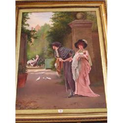 J S Swale; A large gilt framed oil on canvas charming view of a Regency lady and her partner app...