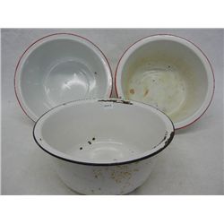 2 Red Rimmed and 1 Black Rimmed Enamelware Wash Pans