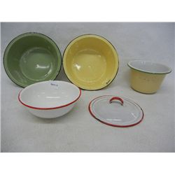 4 Enamelware Pans, 1 Red Rimmed w/ Lid, 1 Green and Black Rim, 1 Yellow and Black Rim, and 1 Tan and