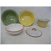 Image 1 : 4 Enamelware Pans, 1 Red Rimmed w/ Lid, 1 Green and Black Rim, 1 Yellow and Black Rim, and 1 Tan and