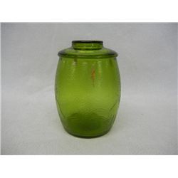 Green Glass Cookie Jar w/ Mushroom Pattern