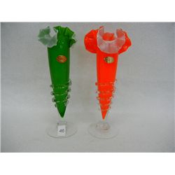 2 Plum Blossom Brand Hand Blown Vases, 1 Green and 1 Orange