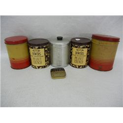 Vintage Old Reliable Coffee & Tea Tins, Aluminum Tea Canister, 2 Bowers Peanut Crunch Tins, and Ditt