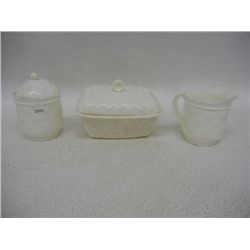 F&F White Hobnail Creamer and Sugar and Covered Dish