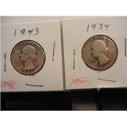 Two Silver Washington Quarters 1934 & 1943