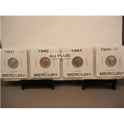 Four Mercury Dimes 1941, 1942,1944 & 1945-D