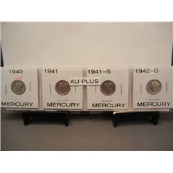 Four Mercury Dimes 1940, 1941,1941-S & 1942-S