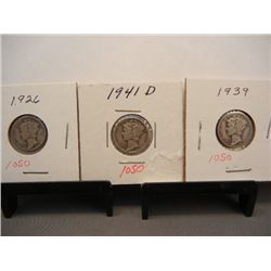 Three Mercury Dimes 1926, 1939, 1941-D