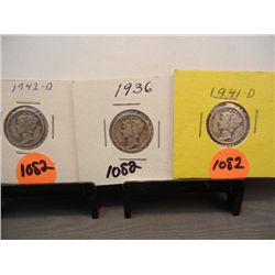 Three Mercury Dimes 1936, 1941-D 1942-D