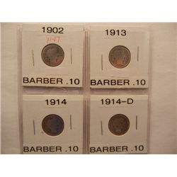 Four Barber Dimes 1902,1913,1914,1914-D