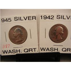 Two Silver Washington Quarters 1945 & 1942