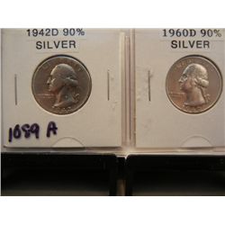 Two Silver Washington Quarters 1942-D & 1960-D