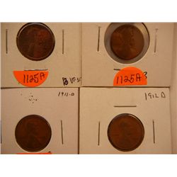 Four Lincoln Wheat Cents 1912,1912-D, 1912-D, & 1911-D