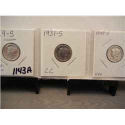 Three Mercury Dimes 1929-S, 1931-S Semi Key, 1942-S