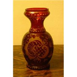 Vase of Bohemian glass with engraved decor with deer and hunting dog. H 21,5 cm. NOK 400-600,-...