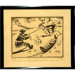 Odd Harrong, lapp artist from Norway, Reindeer and man, 37/50, signed Odd Harrong 40. 24 x 31 cm...