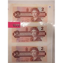 3x Canadian Two dollar bills - Uncirculated - Mint