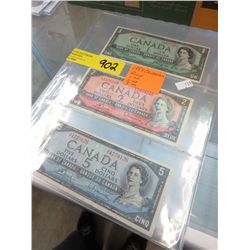 1954 Canadian Bills $1.00, $2.00, $5.00