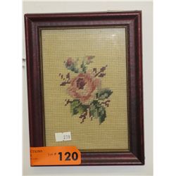 Framed vintage needlepoint picture of a rose