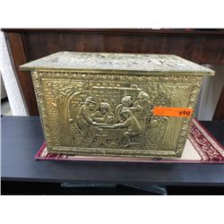Vintage wood box with brass relief