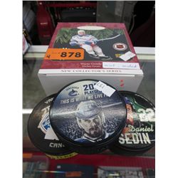 3 Signed hockey pucks & Wayne Gretzky ornament