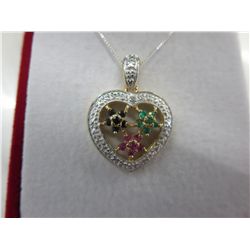 Ruby, emerald, sapphire with diamond heart pendant