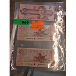 3x 1986 $2.00 Bills, Last issues, 2 in sequence