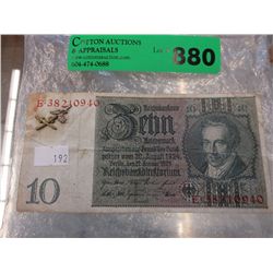 3rd Reich Insignia attached to 10 Reichmark bill