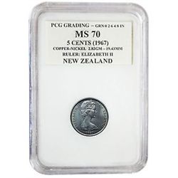 New Zealand 5 Cents (1967) "Elizabeth II" "BUNC" Coin GRADED(PCG-MS 70) /GDN37