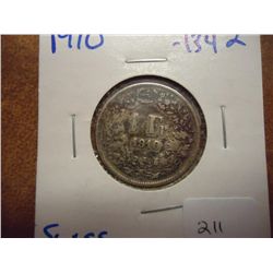 1910 SWITZERLAND SILVER FRANC .1342 OZ. ASW