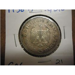 1936-A GERMAN SILVER 5 MARKS .4016 OZ. ASW
