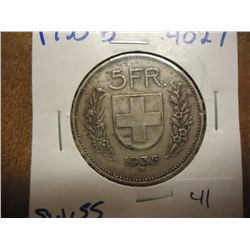 1935-B SWISS SILVER 5 FRANC .4027 OZ. ASW