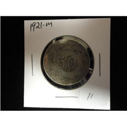 1921-M CAP & RAYS MEXICO SILVER 50 CENTAVOS