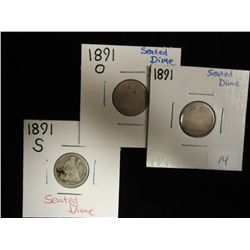3-SEATED LIBERTY DIMES 1891-O, 1891 & 1891-S