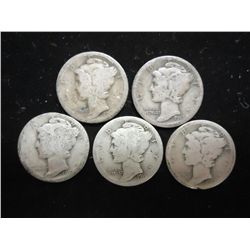 5 ASSORTED TEENS MERCURY DIMES