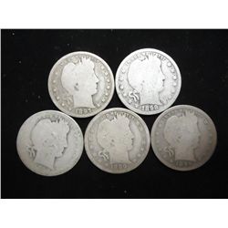 1897, 1898 & 3-1899 BARBER QUARTERS 5 COINS TOTAL
