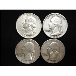 4 ASSORTED 1950'S WASHINGTON SILVER QUARTERS