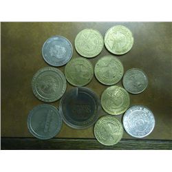 12 ASSORTED CASINO TOKENS SEE DESCRIPTION