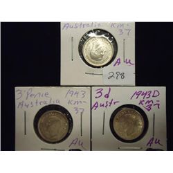 1943,43 & 43-D AUSTRALIA SILVER 3 PENCE ALL AU