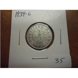 1939-G GERMAN 50 PFENNIGS WITH SWASTIKA