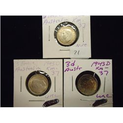 3-1943-D AUSTRALIA SILVER 3 PENCE 1 AU & 2-UNC'S