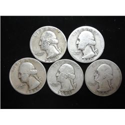 5 ASSORTED 1940'S WASHINGTON SILVER QUARTERS