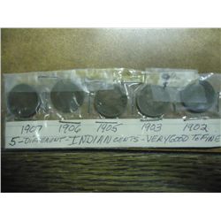 5 ASSORTED INDIAN HEAD CENTS (AS SHOWN)