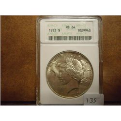 1922 PEACE SILVER DOLLAR ANACS MS64
