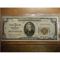 1929 $20 NATIONAL CURRENCY MINNEAPOLIS