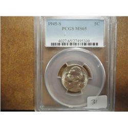 1945-S 35% SILVER JEFFERSON WAR NICKEL PCGS MS65