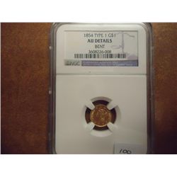 1854 TYPE I GOLD $ NGC AU DETAILS