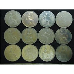 12 ASSORTED 1906-46 GREAT BRITAIN LARGE PENNIES