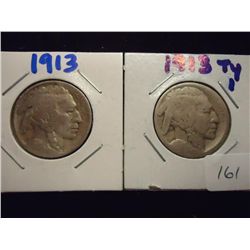 2-1913 TYPE I BUFFALO NICKELS 1 IS (EXTRA FINE)